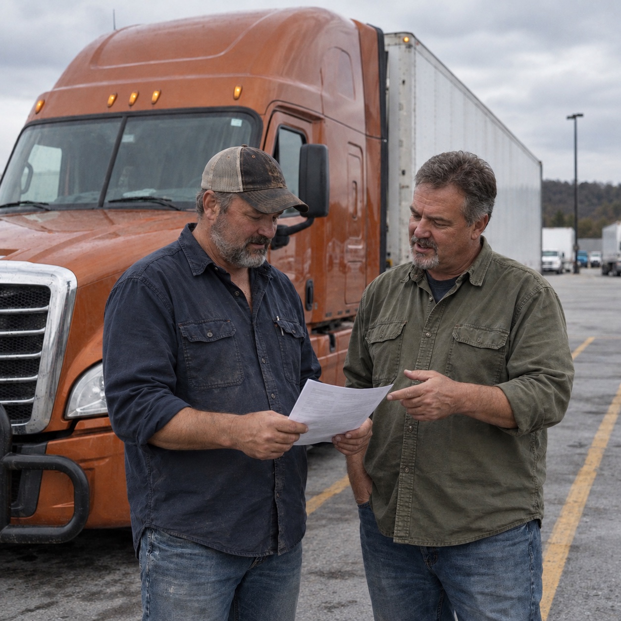 Two truckers comparing notes beside an orange semi-truck